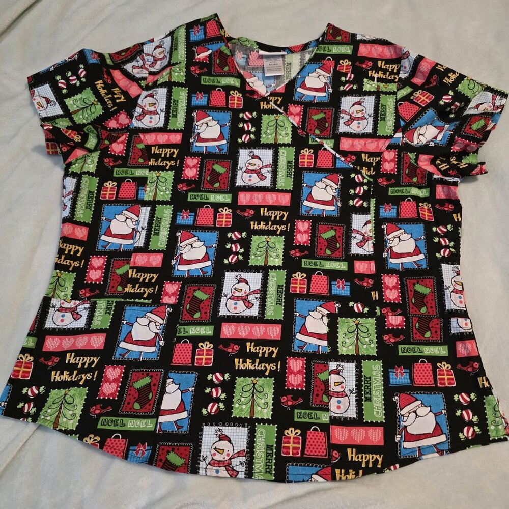 Scrubstar Christmas Holiday‎ Santa Frosty Scrub Top XL XG 100% Cotton